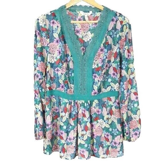 Matilda Jane Womens Floral Tunic Top Green Small Lace Detail Long Sleeve V Neck - Picture 4 of 6